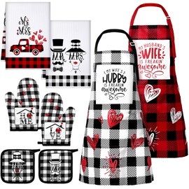 Xtinmee Mr and Mrs Aprons for Couples Gifts, Hubby and Wife Aprons Towels Oven Mitts Pot Holder Wedding Gifts for His and Her (Black Red,Buffalo Check)