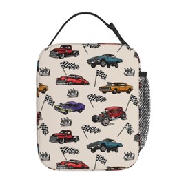 Car Lunch Box Vintage Cars Colorful Theme Lunch Bag Racing Black And White Grid Flag Lunch Boxes Bags Insulated Portable Large Capacity Cooler Bag With Handle For Boys Girls Men Women School Work