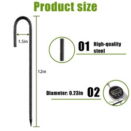 Rebar-Stakes-12Inch,J Hooks Ground Stakes Anchors for Gardening Black Coated Ground Stakes 4pcs Anti-Rust Heavy Duty Dog Fence Fixed Water Pipes Soccer Goals Tent Camping Trampoline