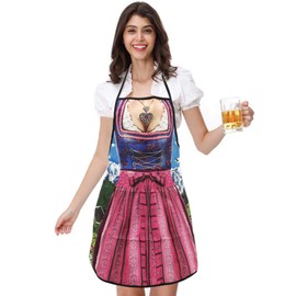 MOMOONNON Dirndl Apron German Lederhosen Apron Oktoberfest Bavarian Kitchen Cooking Grilling BBQ Baking Apron for Women, Colored, Large