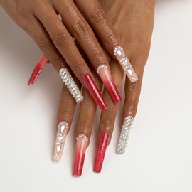 FORBELOVED NAILS,Luxury Ombre Red Glitter Gems Handmade Press On Nails,Long Square Stick On Nails,Glitter Full Covered Gems Charming False Nails For Women And Girls,10Pcs/Set With Glue,(Red-M),FOB