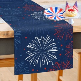 Jbralid 4th of July Fireworks Table Runner Patriotic Memorial Day Independence Day Table Runner Americana Stars Kitchen Dining Table Runner for Home Party Decoration 13x72 Inch, Red White and Blue