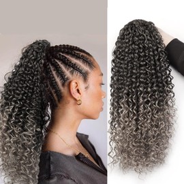 myhstory Drawstring Puff Ponytail Extension Afro Curly 16 Inch Clip In African Hair For Women Ombre Ponytail (T1b/grey)