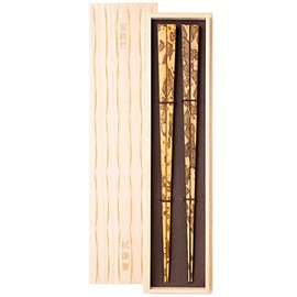 Hashikura Matsukan S-12178 Kyoto Kiyomizu Meishi Bamboo Couple Chopsticks Premium Natural Bamboo Pair Set, 9.4 inches (24 cm), Square Lacquer, Drawing Vermilion, Black, Made in Japan