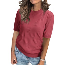 Arach&Cloz Womens Spring Summer Tops 2025 Fashion Short Sleeve Sweater Crew Neck Dressy Blouse Valentines Dusty Red