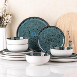 GBHOME Ceramic Dinnerware Sets, 12 Piece Embossed Elegant Stoneware Plates and Bowls Sets, Housewarming Wedding Gift | Dishwasher & Microwave Safe | Dishes Set Service for 4