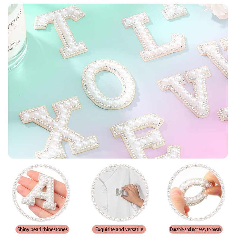 WEIMU 52-Pack Pearl Rhinestone Alphabet Iron-On Patches A-Z for DIY