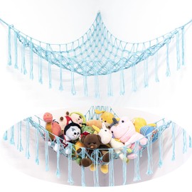 Boho Stuffed Animals Net or Hammock Large,55 inch Toy Hammock Macrame Stuff Animal Storage Corner Hanging Net Holder,Mesh Hammock Plush Toy Organizer with Hooks for Bedroom,Nursery (pale blue)