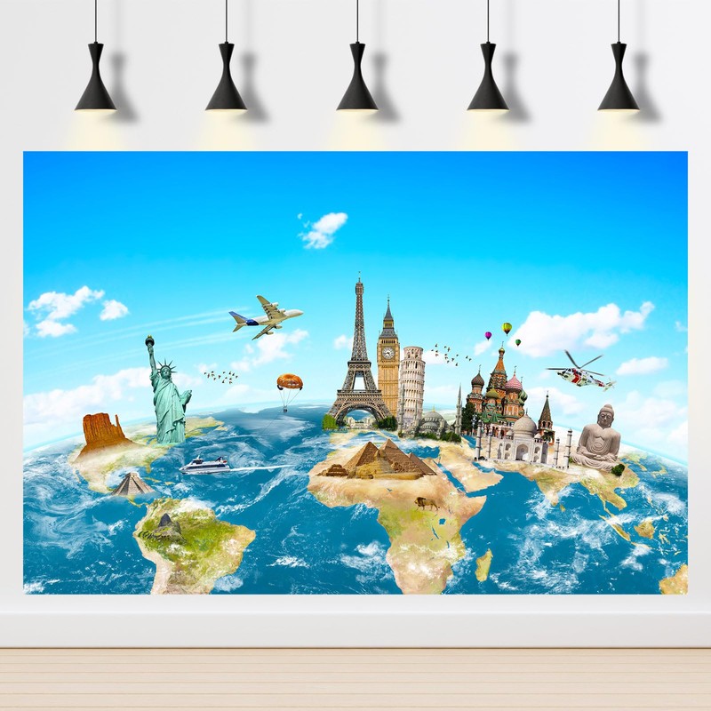 7x5ft Worldwide Continent Backdrop Globe Travel Map Background Famous Landmark