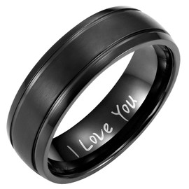Willis Judd 7mm Mens Black Titanium Ring for Men Engraved I Love You In Wooden Gift Box Wedding Band Ring Mens Engagement Ring Promise Ring Comfort Fit (V)
