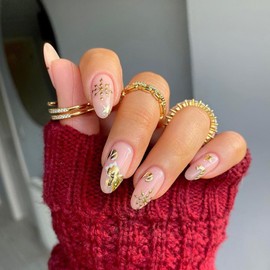 Christmas Press on Nails Almond Shaped Glossy Full Cover Acrylic Medium Almond Winter False Nails with Gold Snowflake Designs Artificial Holiday Fake Nails with Glue ons Fingernails for Women