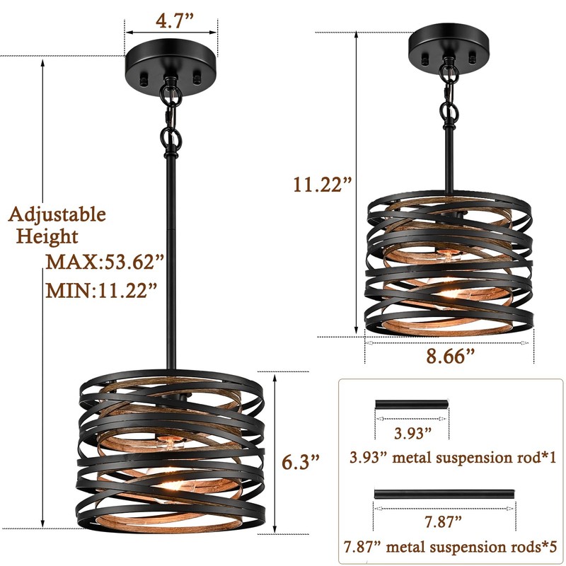 SHAWNKEY Industrial 1-Light Black Pendant Light with Wood Grain Finish