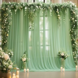 20x10 Green Tulle Backdrop Curtains for Parties, Sheer Backdrop Curtain Wedding Photo Backdrop Drapes for Baby Shower Photography Birthday Party