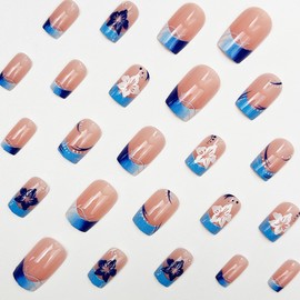 48 Pcs Blue French Press on Nails Short Square & Press on Toenails Set - Summer Fake Nails Press ons Nail Art Tips Glossy Glue on Nails Full Cover with White Flowers Design Acrylic Nail Kit