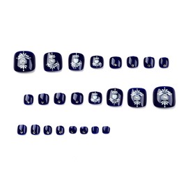 Resweky 24 stücke Französisch Quadrat Gefälschte Fingernägel Tiefblau Gefälschte Blume Kristall Glitter Glossy Press on Toe Nail Tips für Frauen und Mädchen