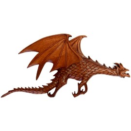 Brave Wings Hand Carved Wooden ~ Flying Dragon Relief Panel 35cm Long ~ Ornament Sculpture Figurine Statue Unique Wall Decoration Home Decor ~ 4413