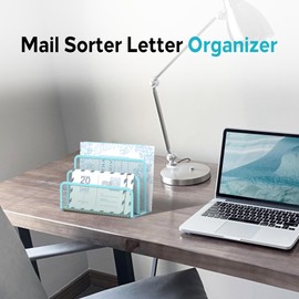 SUPEASY Mail Organiser, Desktop File Organiser Mesh Metal Mail Holder Worktop with 3-Slot, Letter Sorter File Holder, Office Envelope Organiser for Mails (Blue)