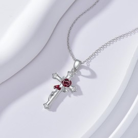 CTIEIP Rose Cross Necklace for Women with Diamonds 925 Sterling Silver Rose Flower Cross Necklace Birth Flower Necklace Mother's Day Birthday Jewelry Gift