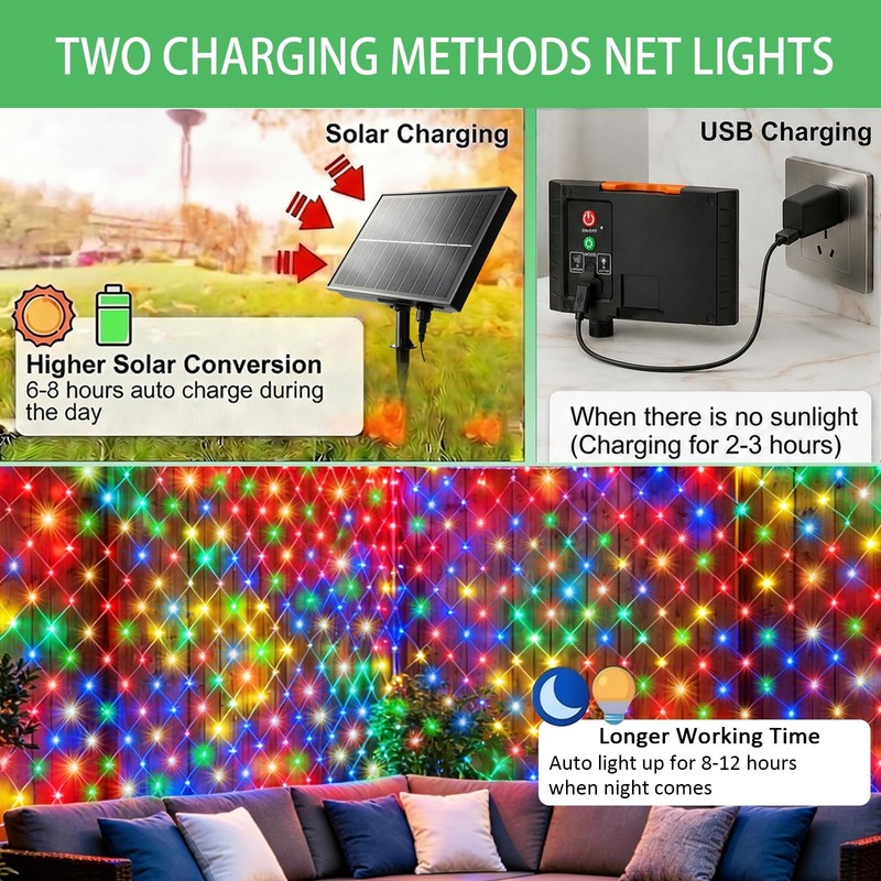 34 Colors Changing Net Lights Outdoor Solar & USB Powered,