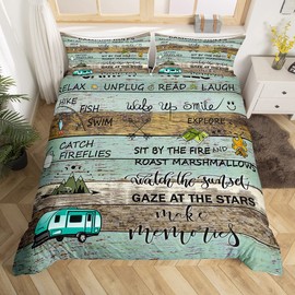 Homewish Camping Rules Duvet Cover Camper Bedding 135 x 200 cm for Kids Rustic Cabin Camping Duvet Cover Country Style Camping Decor Duvet Cover Vintage Wooden Board Happy Camping Decor