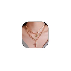 Gold Pearl Cross Necklace 18K Gold Plated Paper Clips Chain Chunky Statement Necklace Metal Coin Portrait Cross Necklace Layering Necklace Jewelry for Women