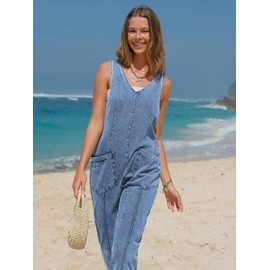 EXLURA Womens High Roller Denim Bib Jumpsuits Casual Loose Sleeveless Baggy Overalls Jeans Pants Jumpers with Pockets