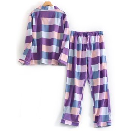 CHUNG Women Brushed Cotton Pyjamas Set Long Sleeve Button Down Tops Pants Flannel Sleepwear Lounge Cozy Warm Winter Plus Size (M, Blue Purple Plaid)