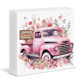 Spring Decor Spring Pink Truck Wood Block Sign Spring in Bloom Wooden Box Sign Home Table Desk Shelf Tiered Tray Decoration