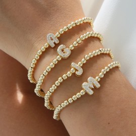 Bohemian Style Beaded Bracelets, Women's Fashion Jewelry, 18K Golden Plated Copper with Rhinestone Letters, Stretchy BeadColor: Gold-Q, Length: 6.3 inch