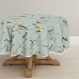 Horaldaily Spring Tablecloth 60×60 Inch Round, Birds Branch Green Floral Washable Seasonal Table Cover for Party Picnic Dinner Decor