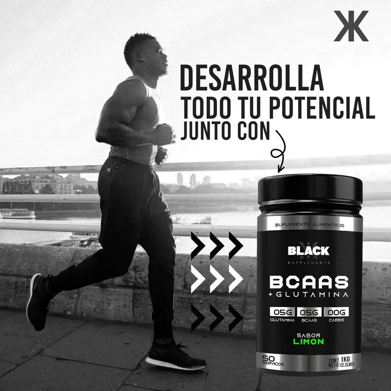 Aminoácidos Bcaas Glutamina Black Supplements 1kg Sabores