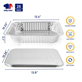 JOLLY CHEF JOLLY CHEF 9x13 Aluminum Pans With Lids (25 Pack)- Disposable Foil Food Containers with Lids for Cooking, Heating, Storing, Prepping Food- Thanksgiving, Christmas, Parties