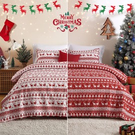 CAROMIO Christmas Quilt Set Queen Size - Boho Bedspread Coverlet Sets with Christmas Tree Reindeer Snowflakes Reversible Pattern for All Season, 3 Pieces Lightweight Bohemian Queen Quilt Bedding Set