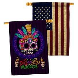 Dia de los Muertos Burlap House Flags Pack Falltime Day of Dead Fiesta Mexican Party Autumntime USA Vintage Applique Small Decorative Gift Yard Banner Double-Sided Made In 28 X 40