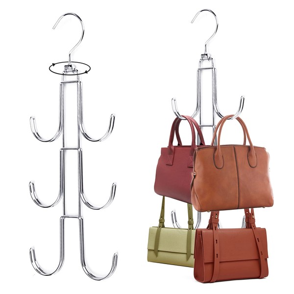 HMIEPRS 2 Pack Purse Hanger Organizers for Closet, Hanging Bag Holders with 6 Hooks, Rotatable Hanging Handbag Holder, Space Saving Hangers, Storage Organizer Rack for Bags and Accessories
