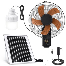 Grinsvalley 16" Solar Oscillating Fan for Wall Mount 7800mah Solar Battery Powered Household Fan with Charging Adapter, LED Lighting, 5 Blades 3 Speeds, for Bedroom Garage Patio Office Outside Indoor