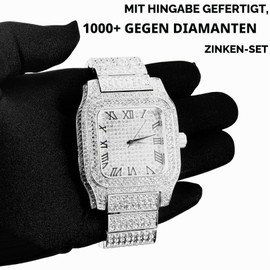 Halukakah Moissanite Diamond Watch for Men - Platinum White Gold Plated, Swiss Quartz Roman Numerals Square Dial, 200 g Heavy, 3 Sides Iced Out, 22 cm Bracelet - Gift Box Included