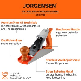 JORGENSEN No.4 10" Wood Planer, Hand Planer for Woodworking, Professional Smoothing Plane for Trimming, Craft - Hand Plane with Ductile Iron Body, Adjustable Cutting Depth