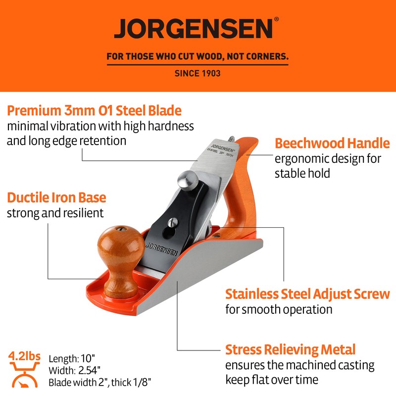 JORGENSEN No.4 10" Wood Planer, Hand Planer for Woodworking, Professional