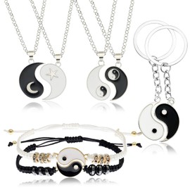 RechicGu Gold and Silver 8 Pieces Yin Yang Bff Couples Matching Necklace Adjustable Cord Bracelet and Key Chain Rings Enamel Feng Shui for Boyfriend Girlfriend Friendship Valentine Gift