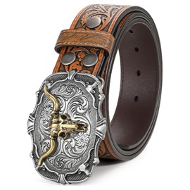 BELTROAD Western Leather Buckle Belt for Men Women Cowboy Cowgirl Leather Mens Belts for Jeans Embossed Men's Birthday Christmas Belts Gifts