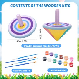 DoubleFill 48 Pcs DIY Wooden Spinning Tops with 4 Sets Watercolor Paints Kits Unfinished Wood Tops Craft Gyroscopes for Kids Art Supplies Children Toy Party Gifts Favor
