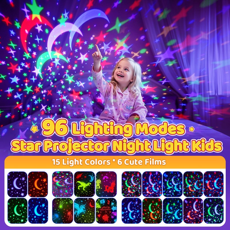PIKOY Night Light for Kids, 90 Modes+6 Films+Dimmer+Timer+Remote Kids Night