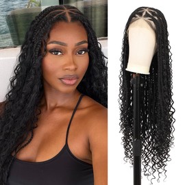 Olymei 13x8 Inch HD Lace Front Knotless Braided Wigs Boho Braided Wigs for Black Women Human Hair Blended Box Braid Wig with Baby Hair Long Black Women's Braided Wig 36 Inch