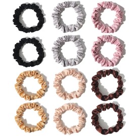 Hair Ties| Bands 12 Packs for Woman, Skinny Silk Satin Hair Scrunchies, Small Ponytail Holders No Damage Breakage for Thin/Thick Curly Long Fine Hair (Black/Coffee/Camel/Beige/Gray/Korean Pink)