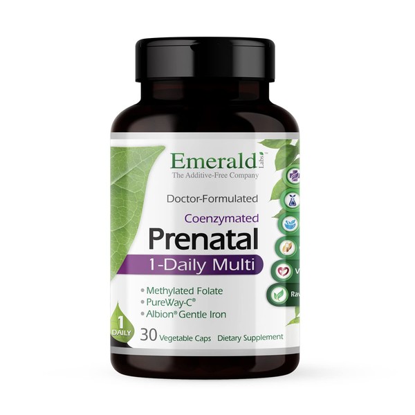Emerald Labs Prenatal 1-Daily Multi - Multivitamin for Pregnant Women with Coenzyme Folic Acid and Gentle Iron to Help Support Brain and Skeletal Development - 30 Vegetable Capsules