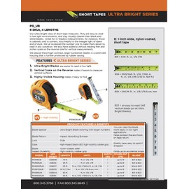 Keson PG181025UB Short Tape Measure with Nylon Coated Ultra Bright Steel Blade (Graduations: 1/10, 1/100 & ft, in, 1/8), 1-Inch by 25-Foot