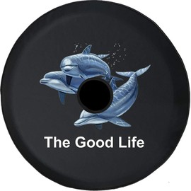 Funny Spare Tire Wheel Cover for Camper SUV Trailer Truck RV JP Thick PVC Leather | Good Life Dolphins Black 32 Inch with Backup Camera Hole