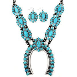 Emulily Chunky Western Squash Blossom Statement 30"+3 Ext Necklace and Earrings Set Navajo Pearl (Turquoise)