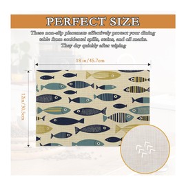Cute Fish Placemats Set of 6,Boho Heat Resistant Non Slip Washable Indoor Place Mats for Kitchen Dining Table Decor,12 x 18 Inches